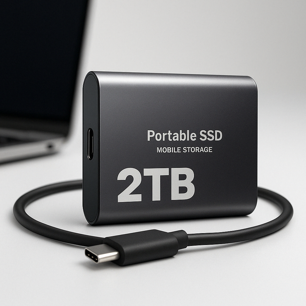 Disque SSD portable 2 To avec câble USB-C, stockage externe rapide et compact, idéal pour sauvegarde de données et transfert rapide.