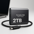 Disque SSD portable 2 To avec câble USB-C, stockage externe rapide et compact, idéal pour sauvegarde de données et transfert rapide.