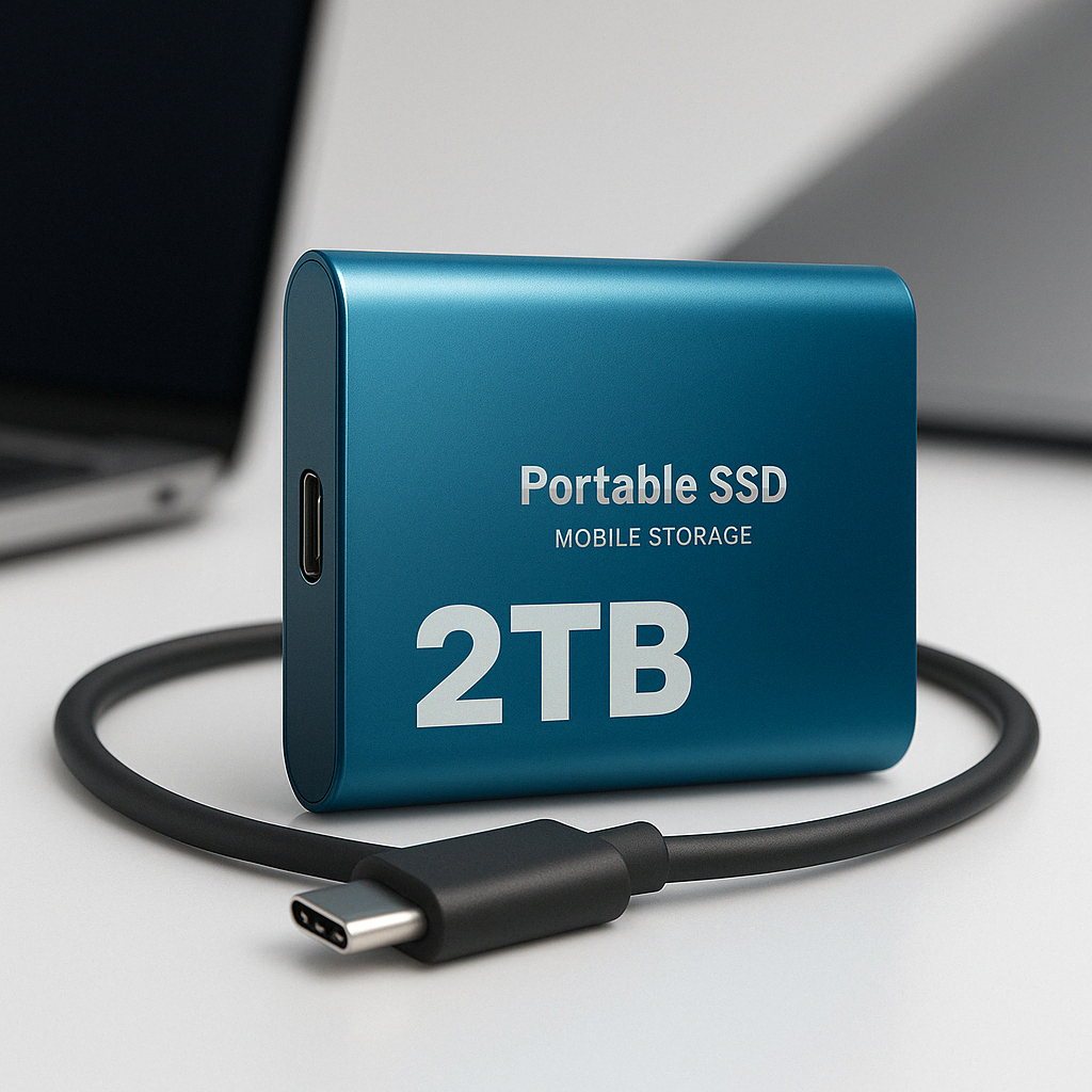 Disque SSD portable 2 To bleu avec câble USB-C, stockage externe rapide et compact, idéal pour sauvegarde de données et transfert rapide.