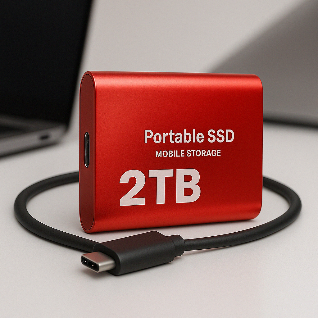 Disque SSD portable rouge 2TB avec câble USB-C, stockage externe rapide et compact, idéal pour sauvegarde de données et transfert rapide.