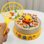 Jeu de pêche magnétique pour enfants avec canard jaune et poissons colorés, raquette en main. Jouet éducatif interactif, amusant et coloré.