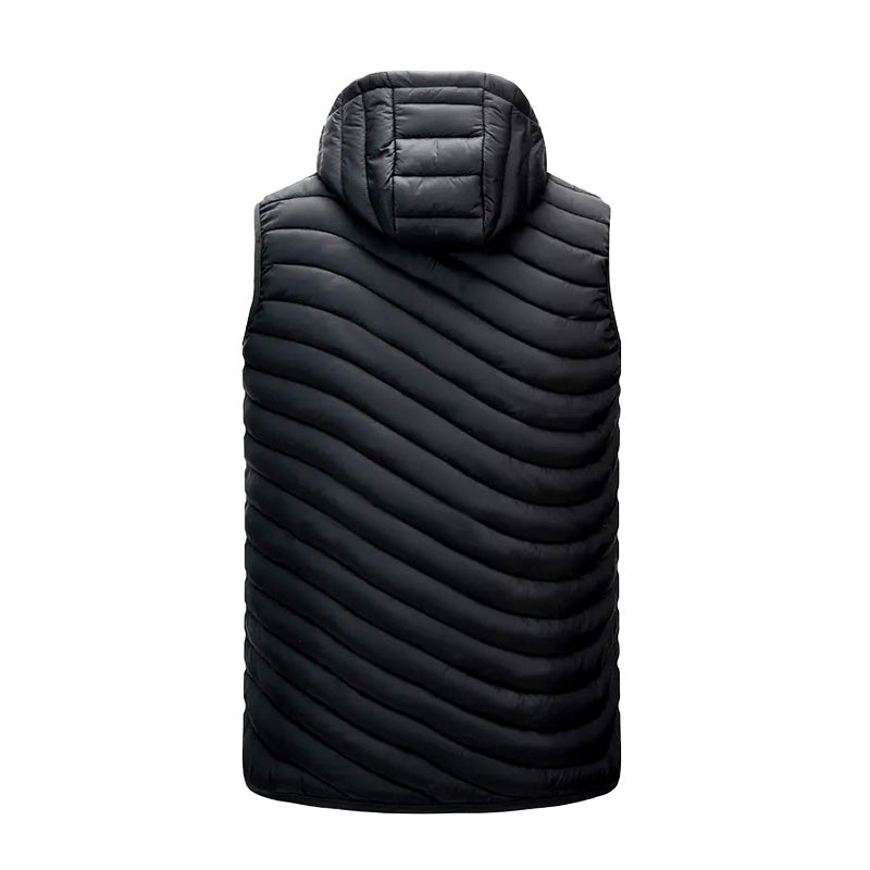 Gilet sans manches noir matelassé avec capuche, design moderne et isolant, idéal pour l'hiver et les activités de plein air.