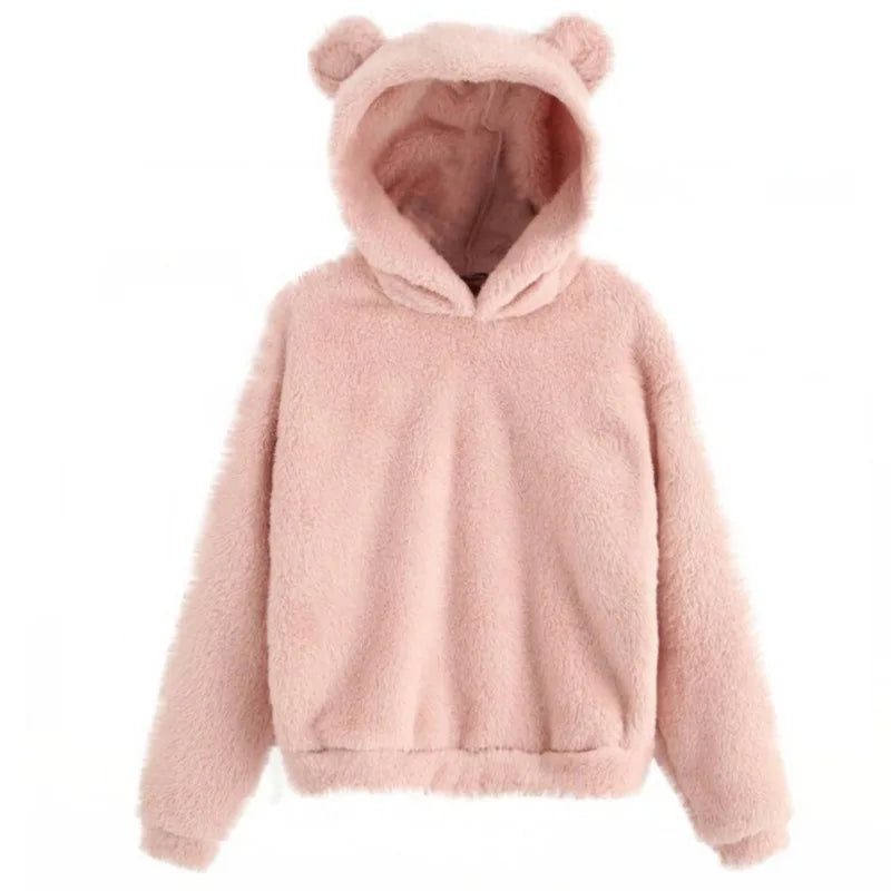 Sweat à capuche en peluche rose avec oreilles d'ours, vêtement chaud et confortable pour l'hiver, style mignon et tendance pour femmes et enfants.