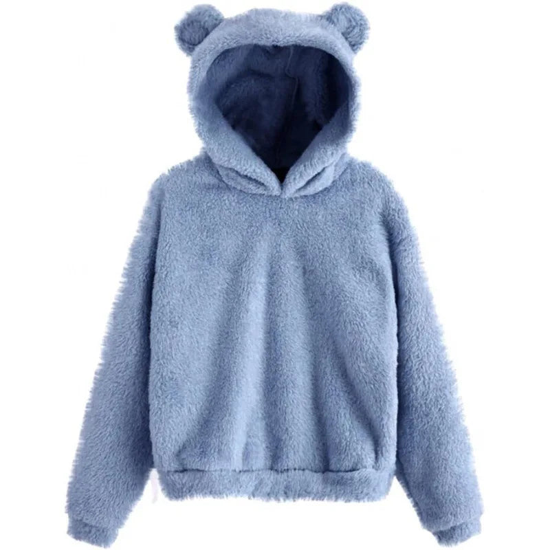 Sweat à capuche bleu en peluche avec oreilles d'ours, style décontracté, chaud et confortable, idéal pour l'hiver et les tenues cocooning.