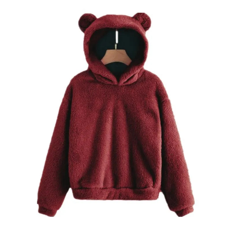 Sweat à capuche en peluche rouge bordeaux avec oreilles d'ours, style décontracté, mode automne-hiver, vêtement chaud et confortable.