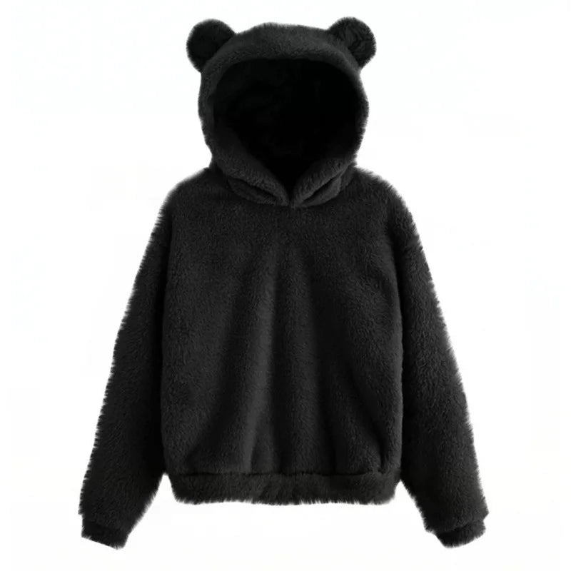 Sweat à capuche noir en peluche avec oreilles d'ours, style kawaii, mode hiver, vêtement chaud et confortable pour femmes et adolescents.