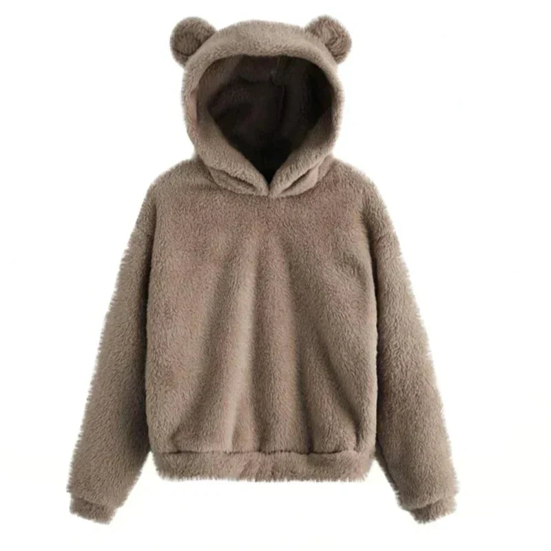 Sweat à capuche en peluche marron avec oreilles d'ours, style kawaii, mode hiver, vêtement chaud et confortable pour femmes et adolescents.