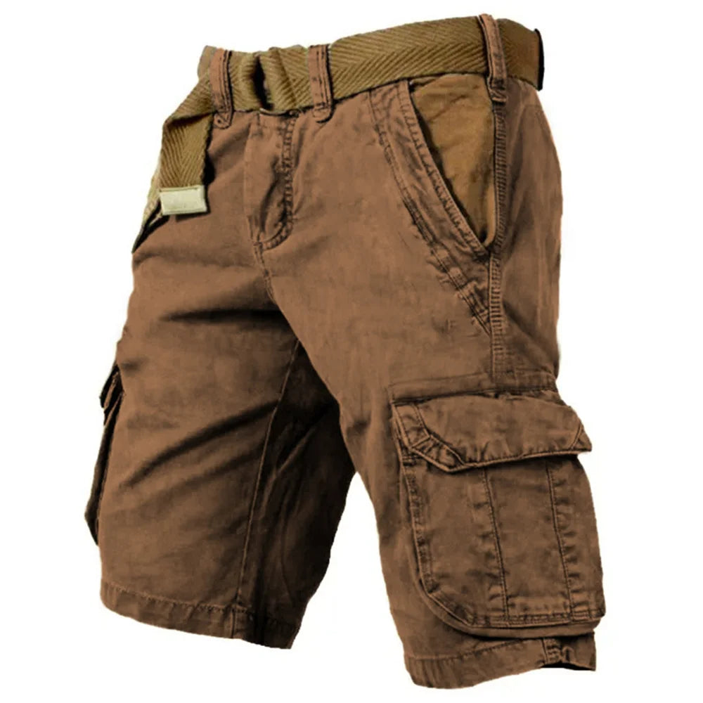 Short cargo marron avec ceinture, poches latérales spacieuses, style décontracté pour homme, idéal pour l'été et les activités en plein air.