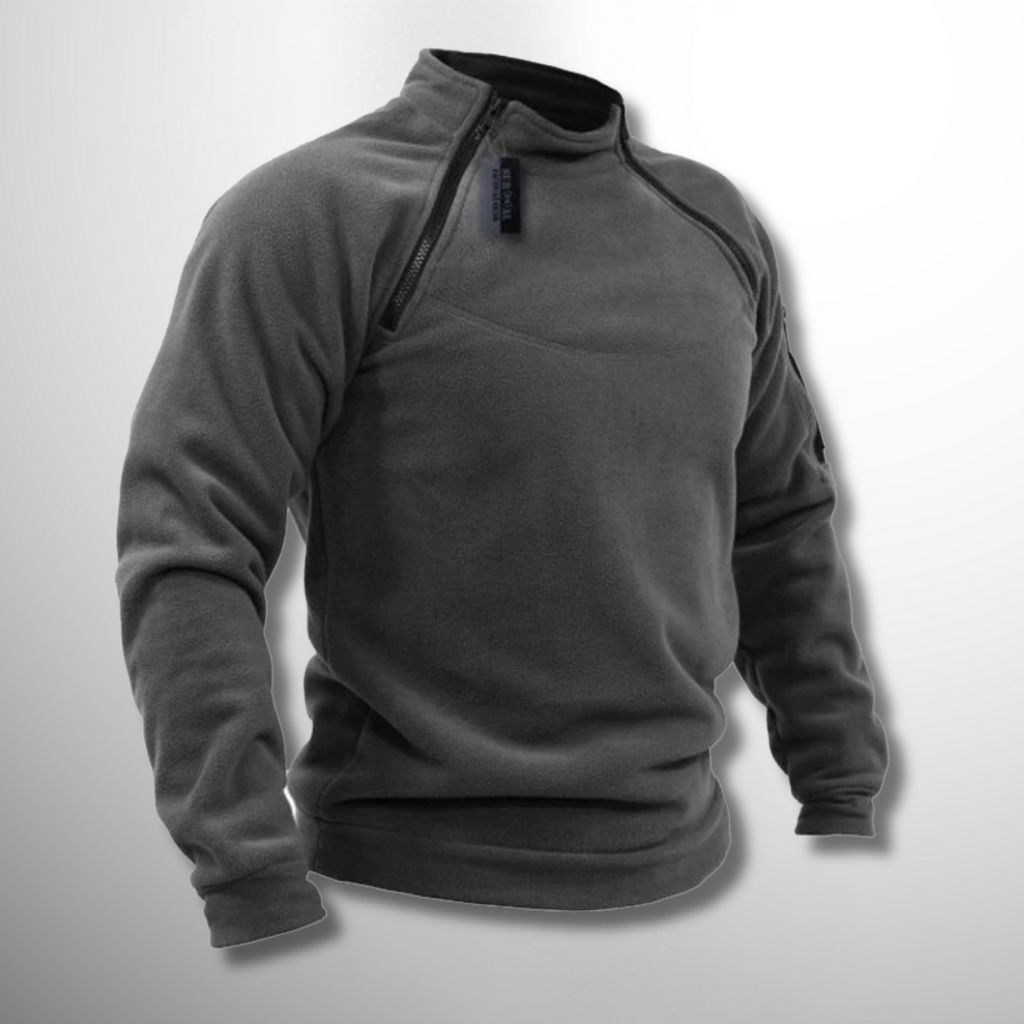 Sweat-shirt polaire gris foncé pour homme, col zippé, manches longues, style décontracté, idéal pour l'hiver et les activités extérieures.
