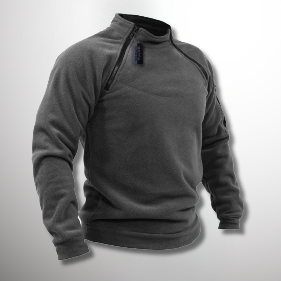Sweat-shirt polaire gris foncé pour homme, col zippé, manches longues, style décontracté, idéal pour l'hiver et les activités extérieures.