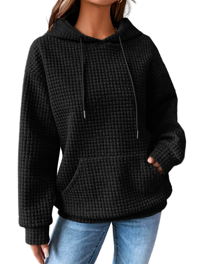 Sweat à capuche noir texturé pour femme, manches longues, poche kangourou, style décontracté, idéal pour l'automne et l'hiver.