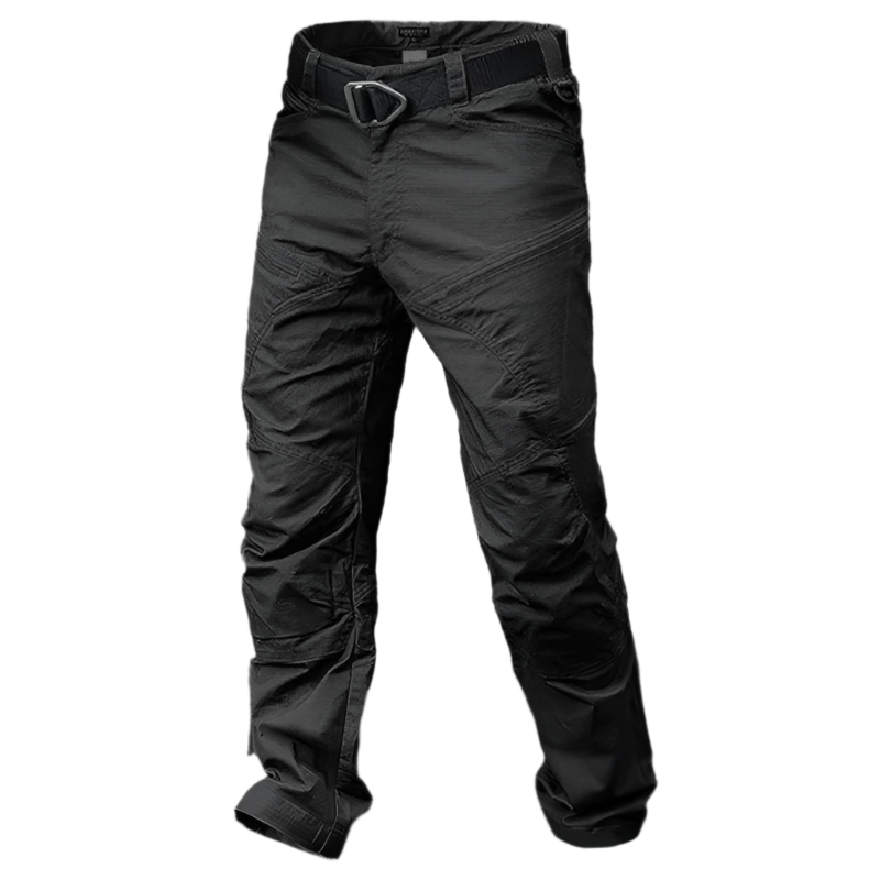 Pantalon tactique noir pour homme, résistant et polyvalent, idéal pour activités extérieures, randonnée, survie, avec ceinture ajustable et poches multiples.