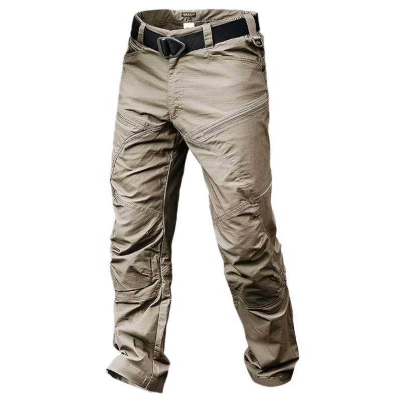 Pantalon cargo tactique beige pour homme avec ceinture noire, design résistant et poches multiples, idéal pour activités extérieures et randonnée.