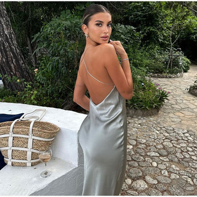 Vestido midi de satén con tirantes alrededor del cuello para mujer Judy