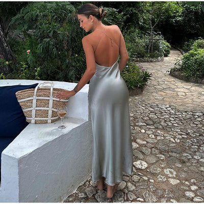 Vestido midi de satén con tirantes alrededor del cuello para mujer Judy