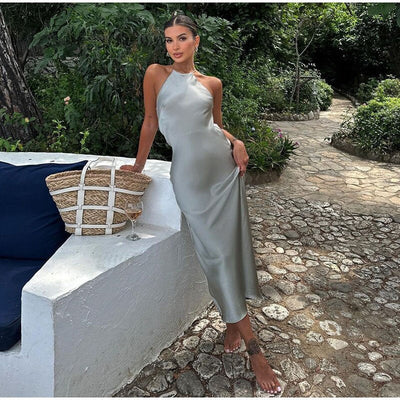 Vestido midi de satén con tirantes alrededor del cuello para mujer Judy
