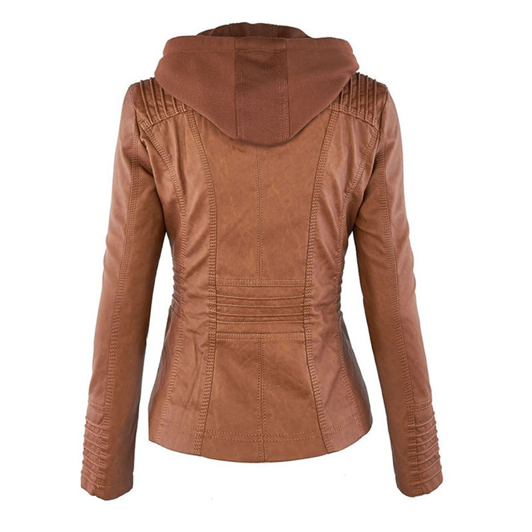 Veste en cuir marron pour femme avec capuche, design moderne, coutures détaillées, style automne-hiver, mode tendance, vue de dos.
