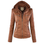 Veste en cuir marron pour femme avec capuche, fermeture éclair, poches zippées, design moderne. Mode automne, style décontracté et élégant.