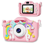 Appareil photo numérique rose pour enfants avec motif licorne, écran LCD, boutons de contrôle, idéal pour la photographie ludique et éducative.