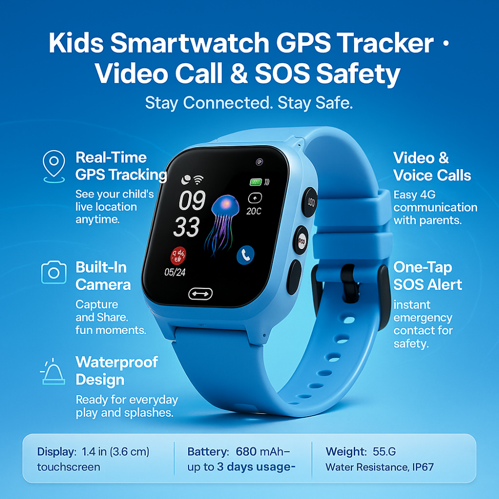 Montre connectée pour enfants avec GPS, appels vidéo, SOS, écran tactile 3,6 cm, caméra intégrée, étanche IP67, autonomie 3 jours, 55,6 g.