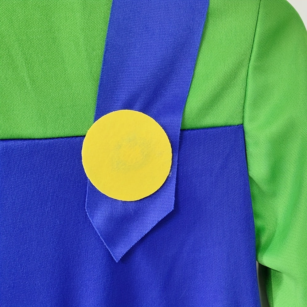 Combinaison verte et bleue avec bretelle et bouton jaune, costume inspiré d'un personnage de jeu vidéo célèbre, tenue cosplay colorée.