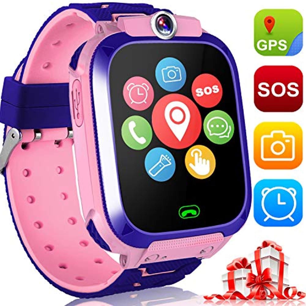 Montre intelligente pour enfants rose et bleue avec écran tactile, GPS, SOS, appareil photo, et icônes d'applications colorées. Cadeau idéal.