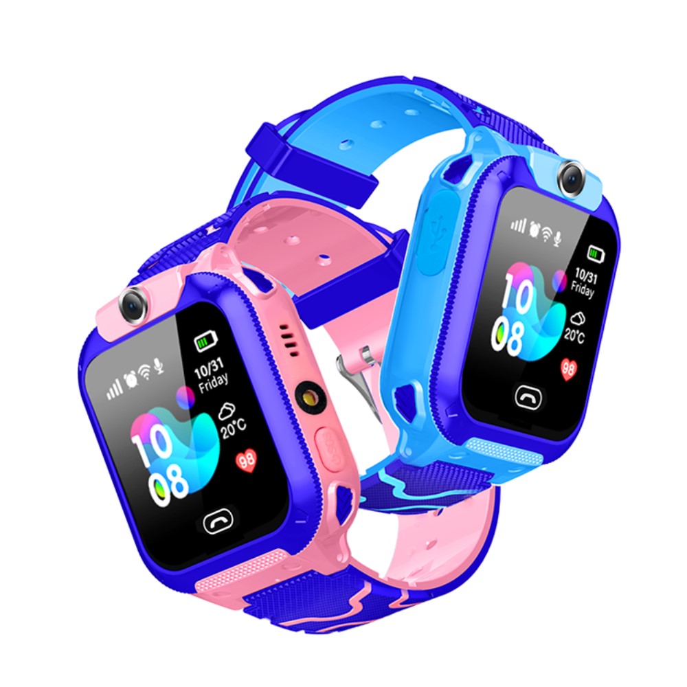 Montres intelligentes pour enfants, rose et bleue, avec écran tactile, caméra intégrée, affichage de l'heure et météo, bracelet ajustable.