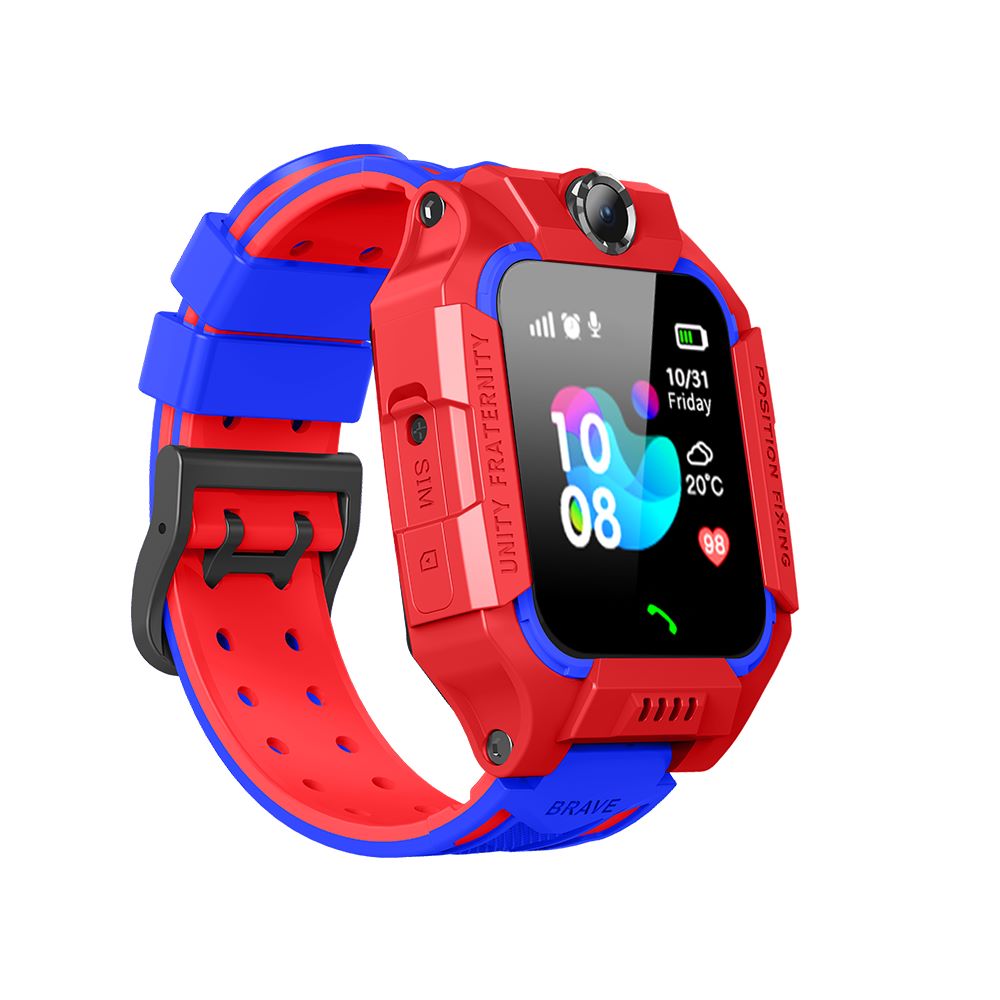 Montre connectée rouge et bleue avec écran tactile affichant l'heure et la météo, bracelet ajustable, design moderne et fonction caméra intégrée.
