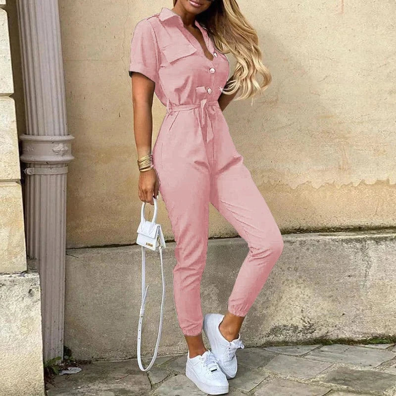 Tuta da donna - Taglio aderente con cintura - Maniche corte - Righe - Abbottonatura