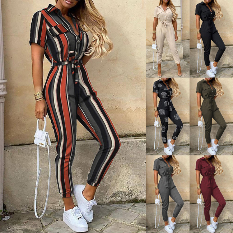 Tuta da donna - Taglio aderente con cintura - Maniche corte - Righe - Abbottonatura