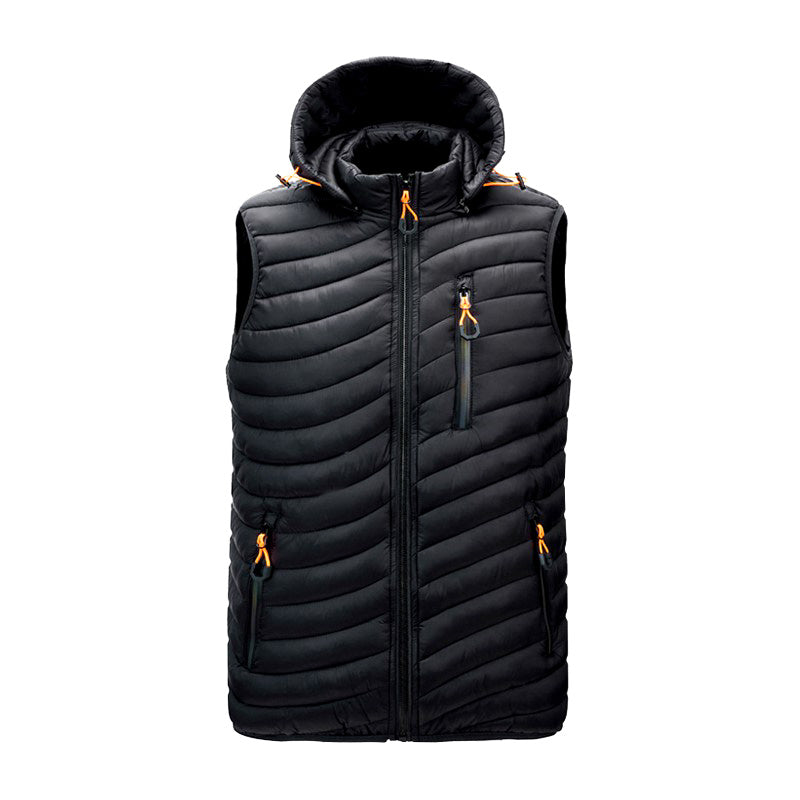 Gilet sans manches noir matelassé avec capuche, fermeture éclair, poches zippées, design moderne. Vêtement d'extérieur chaud et léger.