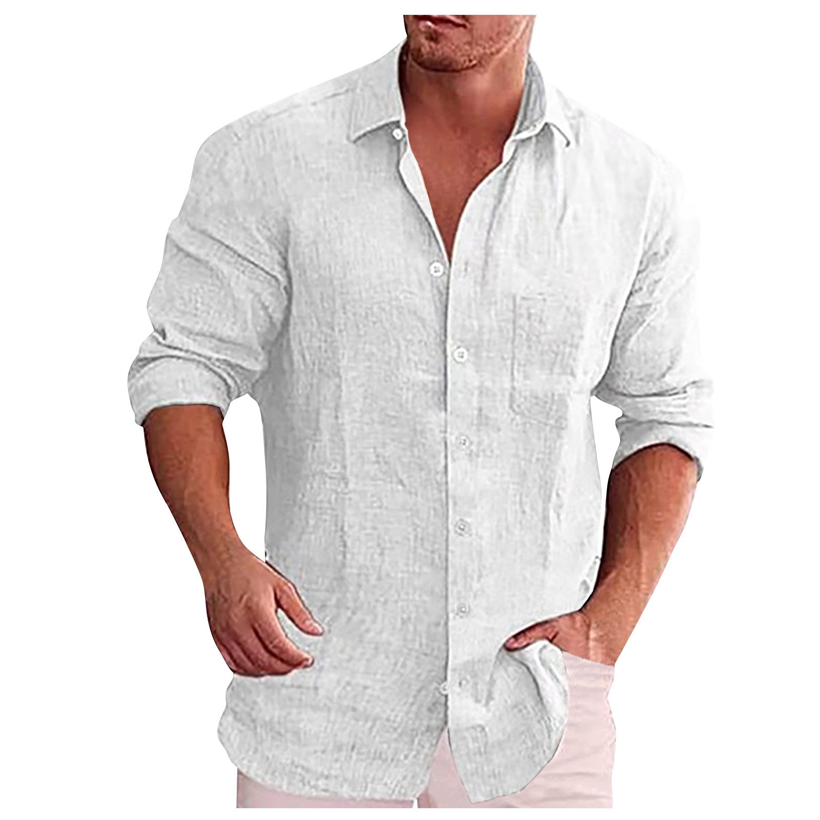 Chemise en lin blanc pour homme, manches longues retroussées, col classique, style décontracté, idéale pour l'été et les occasions formelles.