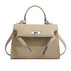 Sac à main en cuir beige élégant avec poignée supérieure, fermoir métallique argenté et bandoulière amovible. Accessoire mode femme chic.