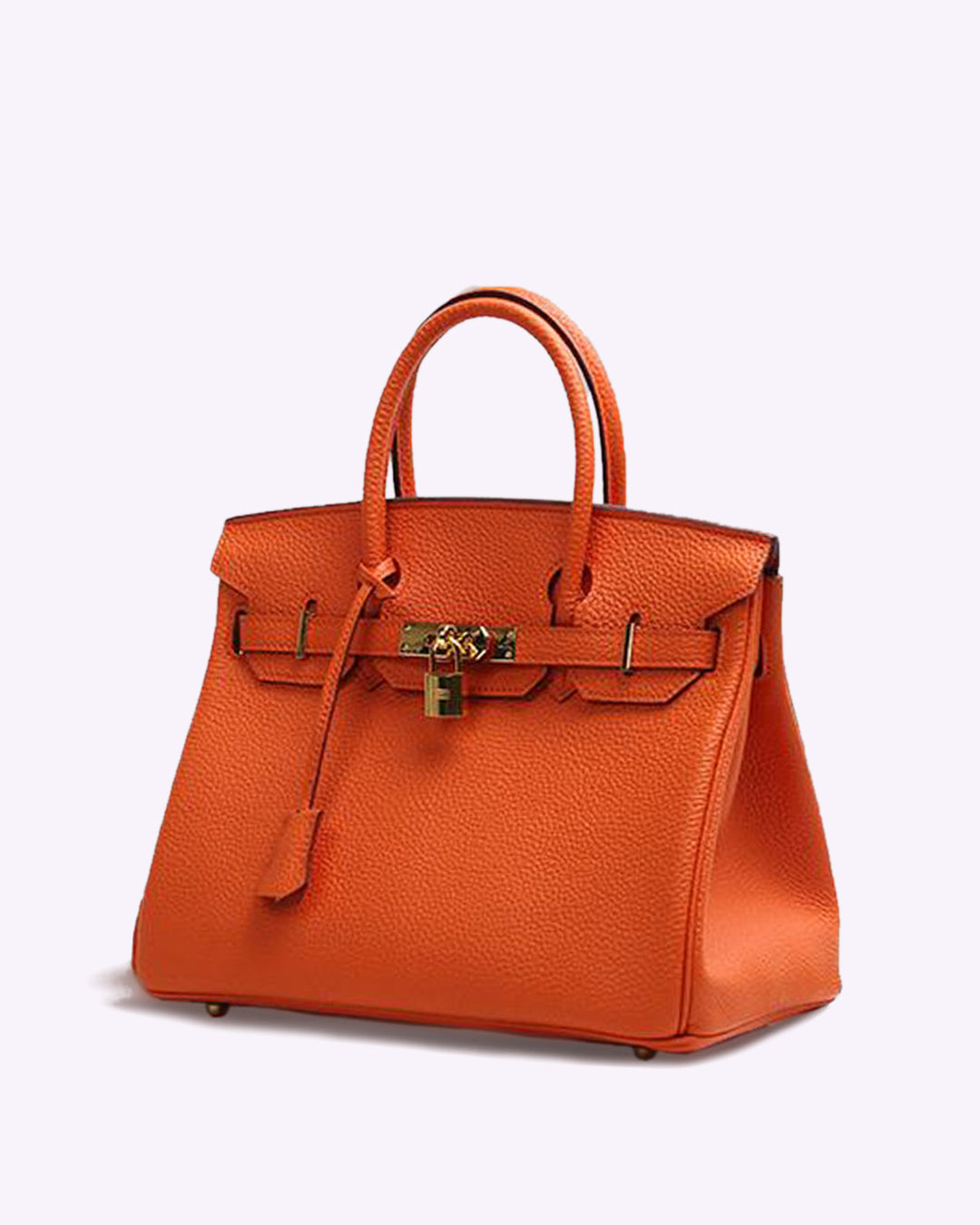 Sac à main Birkin orange en cuir grainé avec fermoir doré, design élégant et luxueux, accessoire de mode iconique pour femme.