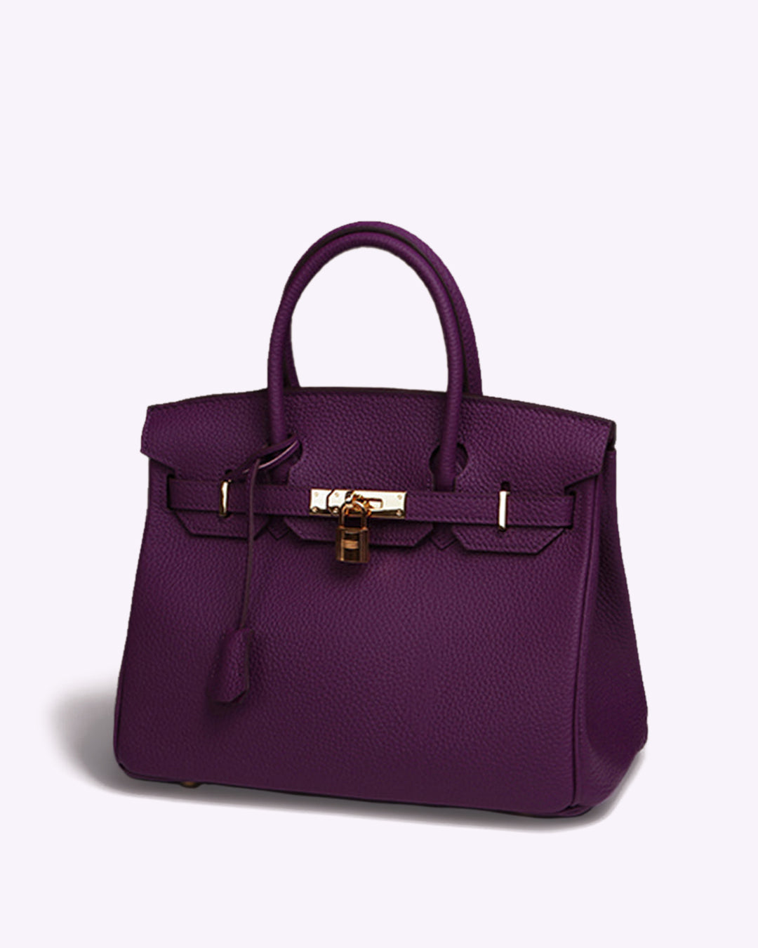 Sac à main en cuir violet avec fermoir doré, style Birkin, élégant et luxueux, idéal pour la mode féminine. Accessoire tendance et chic.