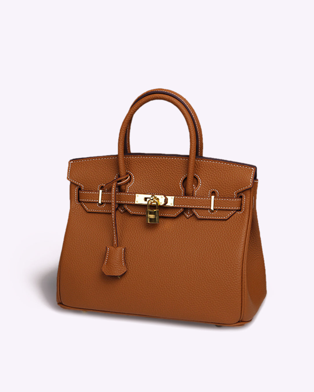 Sac à main en cuir marron avec poignée, fermoir doré et coutures blanches. Élégant et luxueux, idéal pour la mode féminine et les accessoires de luxe.