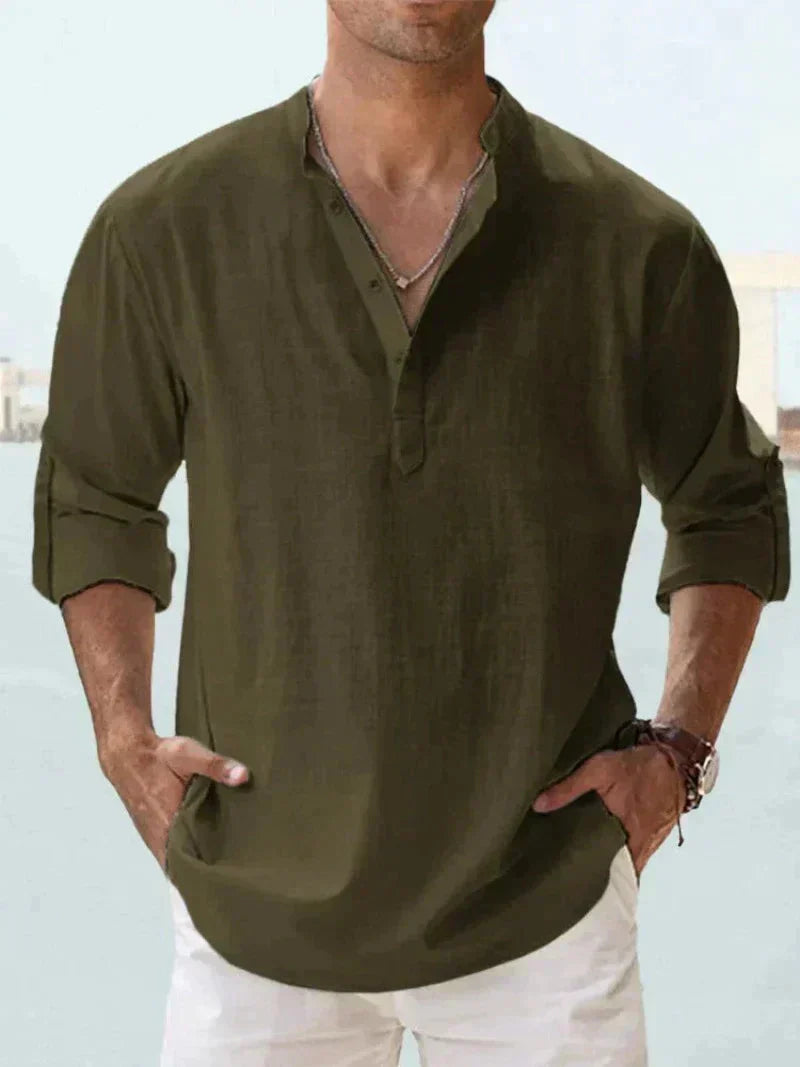 Camisa de verano de mezcla de lino para hombre - Manga larga - Primavera, Verano