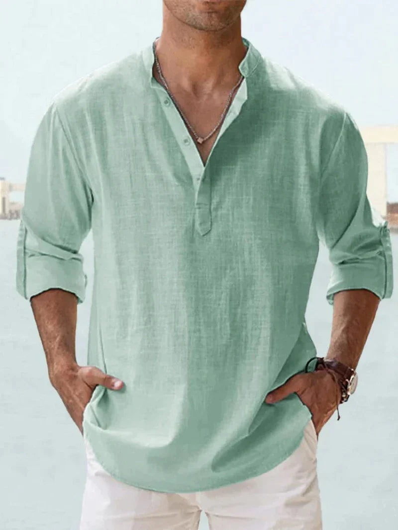 Camisa de verano de mezcla de lino para hombre - Manga larga - Primavera, Verano