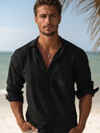 Camisa de verano de mezcla de lino para hombre - Manga larga - Primavera, Verano