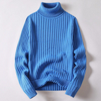 Pull bleu à col roulé en maille côtelée, manches longues, style décontracté, idéal pour l'hiver, mode tendance, vêtement chaud et confortable.