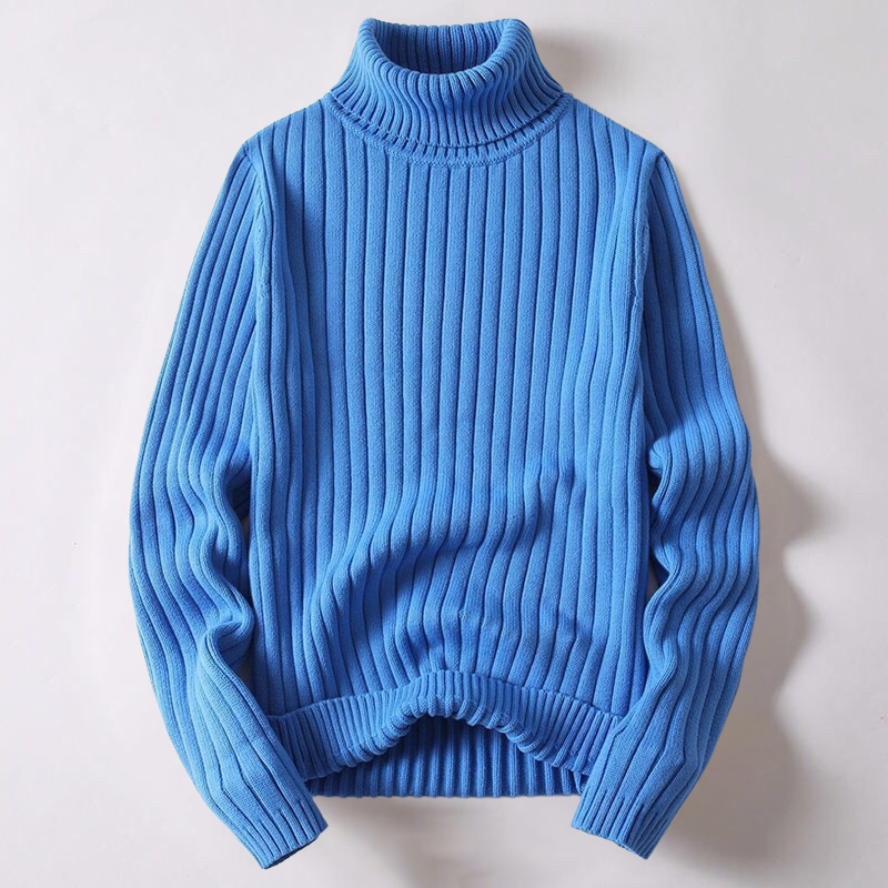 Pull bleu à col roulé en maille côtelée, manches longues, style décontracté, idéal pour l'hiver, mode tendance, vêtement chaud et confortable.