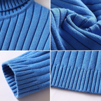 Pull bleu en maille côtelée, gros plan sur les détails du tissu, manches et col. Mode hiver, vêtement chaud et confortable.
