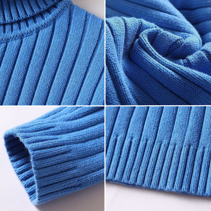 Pull bleu en maille côtelée, gros plan sur les détails du tissu, manches et col. Mode hiver, vêtement chaud et confortable.