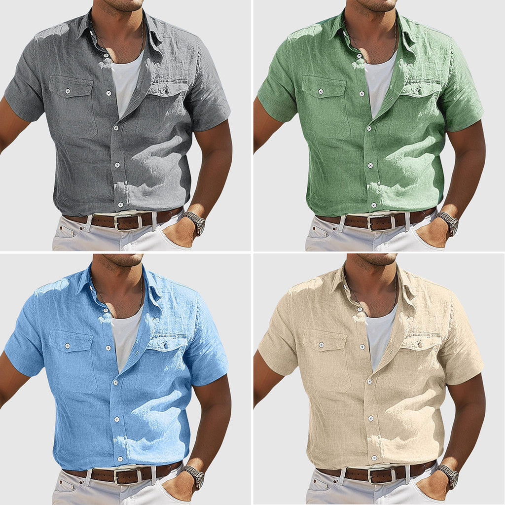 Quatre chemises en lin pour homme, manches courtes, couleurs gris, vert, bleu et beige, avec poches poitrine, style décontracté et élégant.
