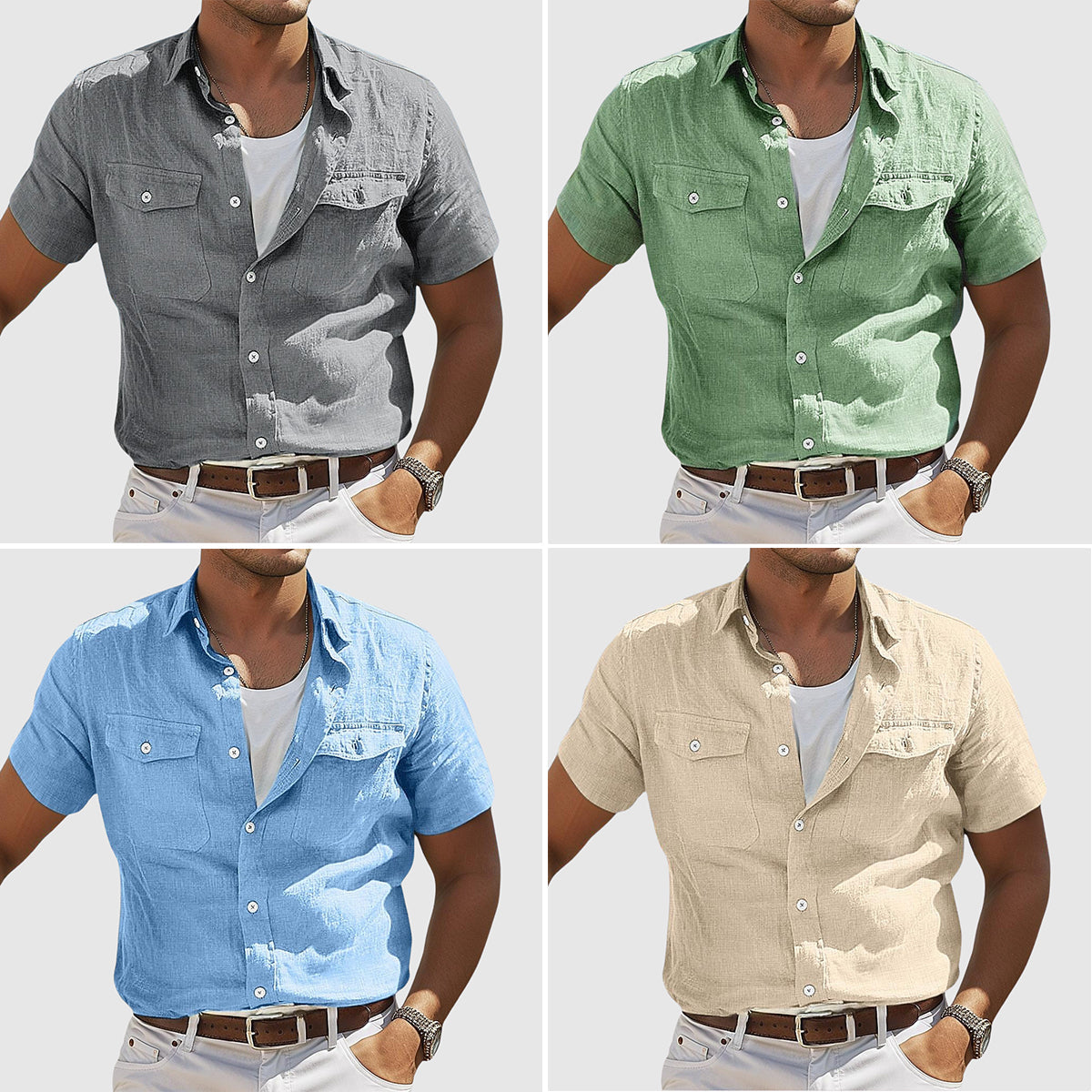 Quatre chemises en lin pour homme, manches courtes, couleurs gris, vert, bleu et beige, avec poches poitrine, style décontracté et élégant.
