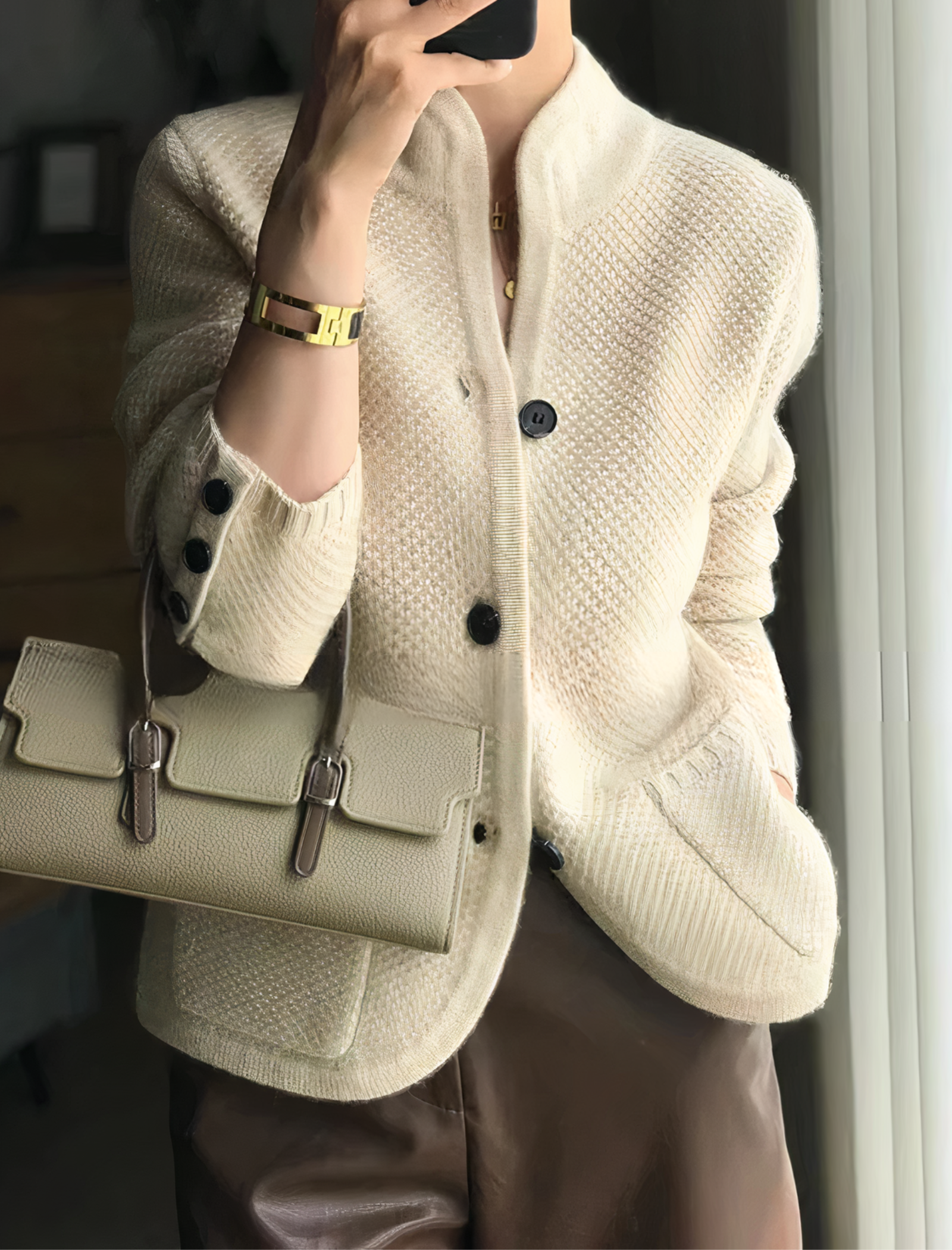 Femme portant un cardigan en laine beige avec boutons noirs, tenant un sac à main en cuir beige. Mode élégante, tenue automne-hiver chic.