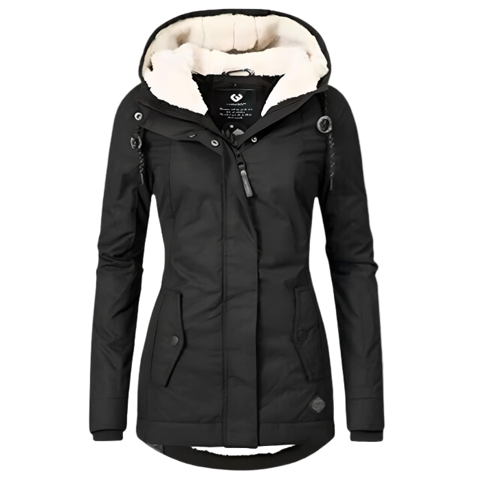 Veste d'hiver noire pour femme avec capuche doublée en fourrure, fermeture éclair, boutons-pression, poches latérales. Mode hiver élégante et chaude.