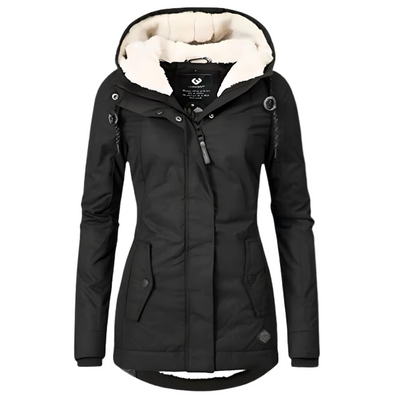 Veste d'hiver noire pour femme avec capuche doublée en fourrure, fermeture éclair, boutons-pression, poches latérales. Mode hiver élégante et chaude.