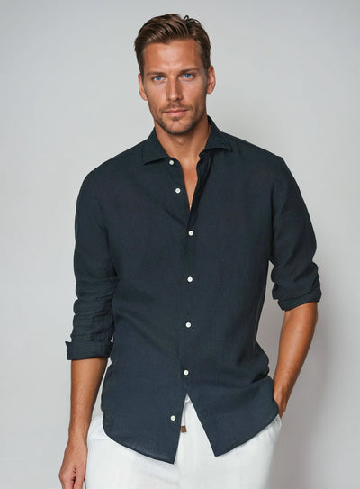 Camisa de lino azul marino