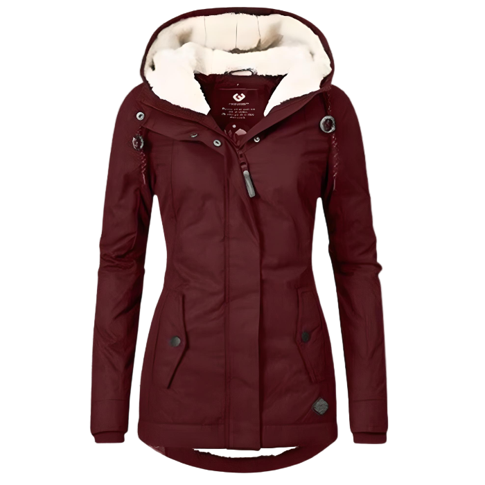 Veste d'hiver bordeaux pour femme avec capuche doublée en fourrure, fermeture éclair, boutons-pression, poches avant. Mode féminine, manteau chaud.
